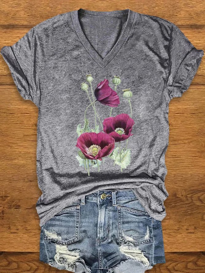 Women's Floral Short Sleeve Tee T-shirt V Neck Casual Summer Top