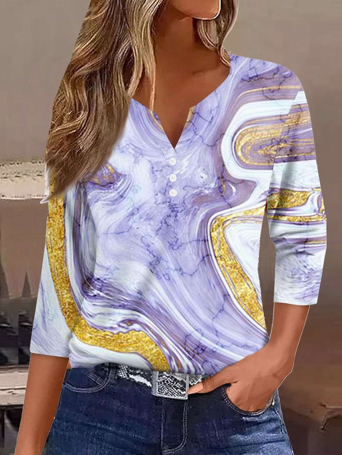 Women's Three Quarter Sleeve Tee T-shirt Spring/Fall Floral Buckle Jersey V Neck Daily Going Out Casual Top lavender