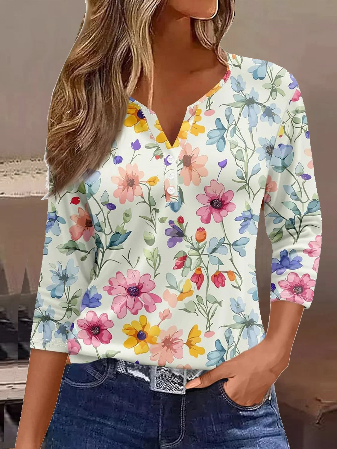 Women's Three Quarter Sleeve Tee T-shirt Spring/Fall Floral Buckle Jersey V Neck Daily Going Out Casual Top lavender