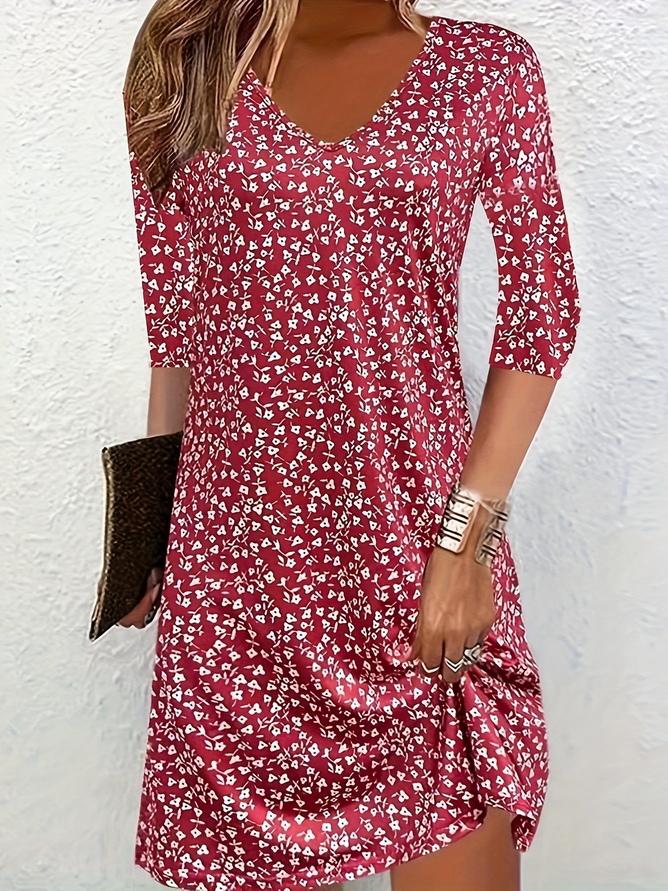 Women's Half Sleeve Summer Ditsy Floral Jersey Dress V Neck Daily Going Out Casual Midi H-Line T-Shirt Dress