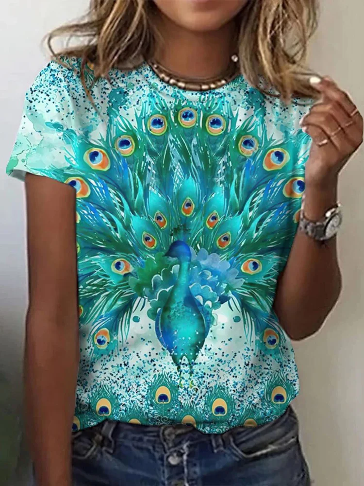 Women's Peacock Short Sleeve Tee T-shirt Crew Neck Casual Summer Top