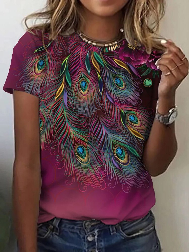 Women's Peacock Short Sleeve Tee T-shirt Crew Neck Casual Summer Top