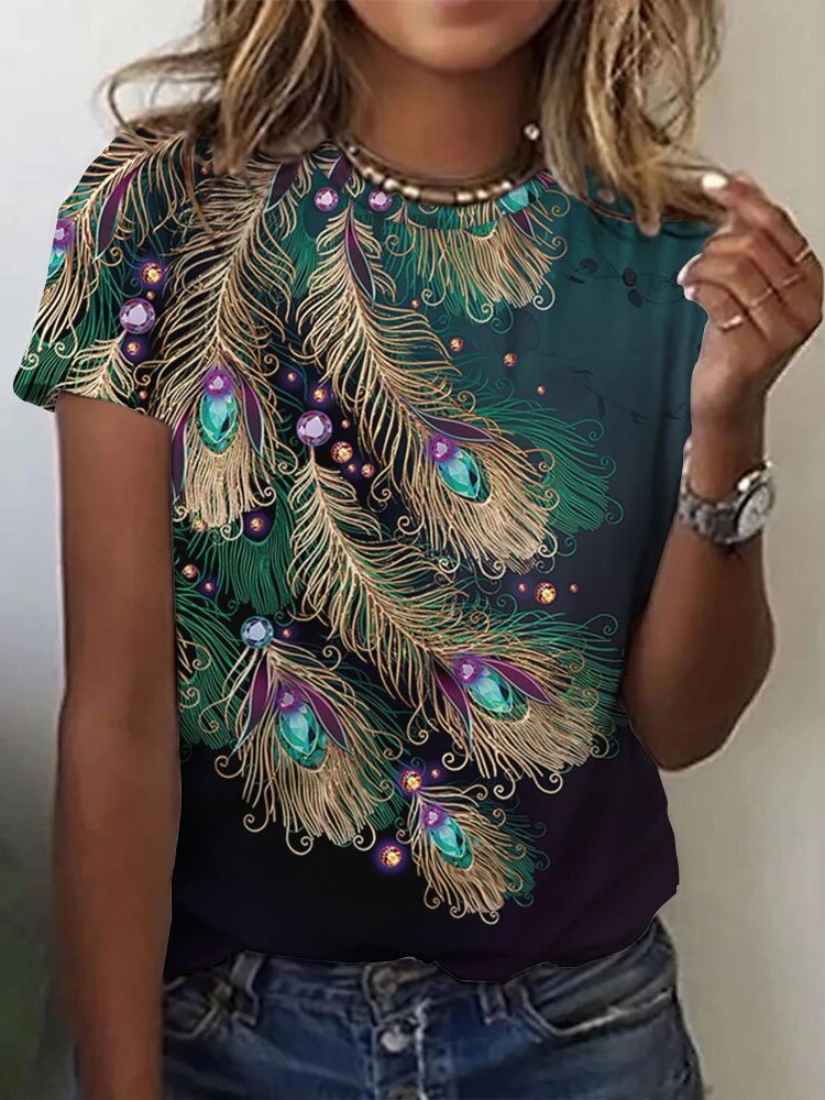 Women's Peacock Short Sleeve Tee T-shirt Crew Neck Casual Summer Top