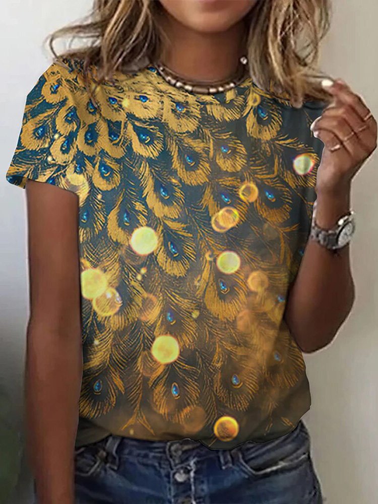 Women's Peacock Short Sleeve Tee T-shirt Crew Neck Casual Summer Top