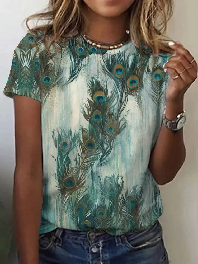 Women's Peacock Short Sleeve Tee T-shirt Crew Neck Casual Summer Top