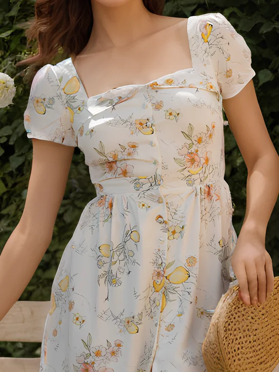 Women's Short Sleeve Summer Floral Cotton Dress Square Neck Daily Going Out Vintage Midi X-Line White