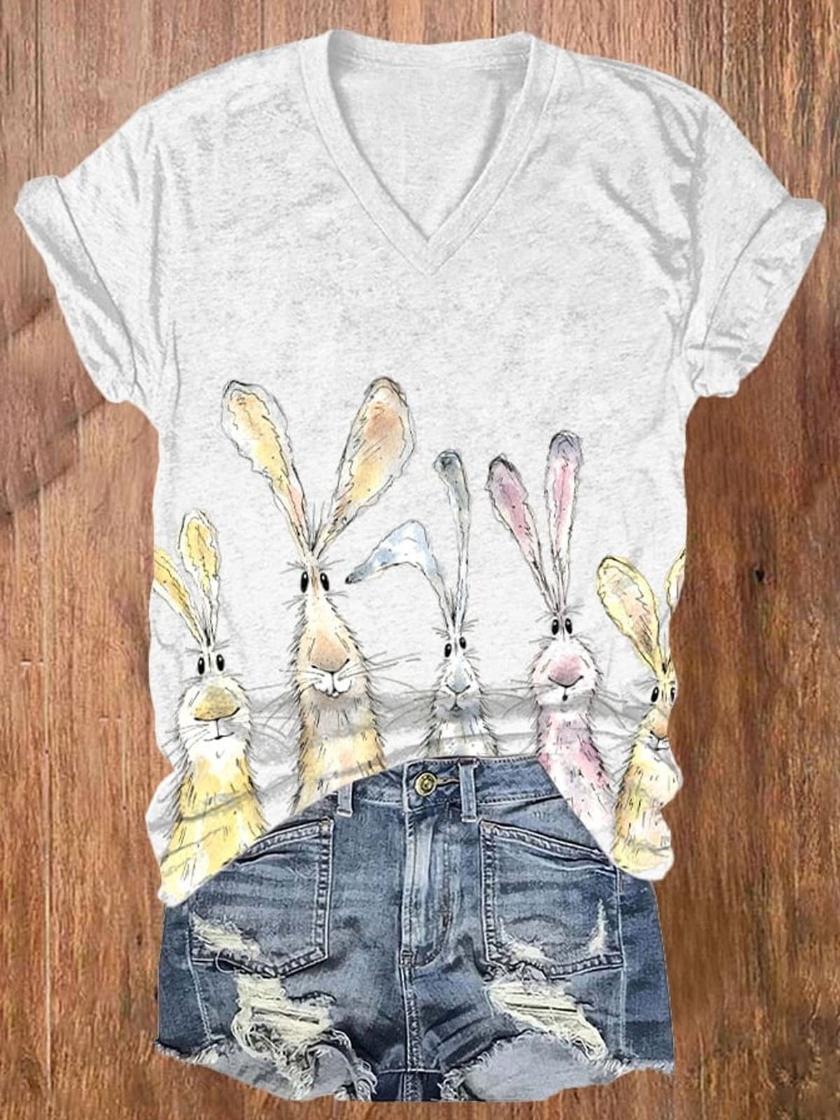 Women's Rabbit Short Sleeve Tee T-shirt V Neck Casual Summer Top