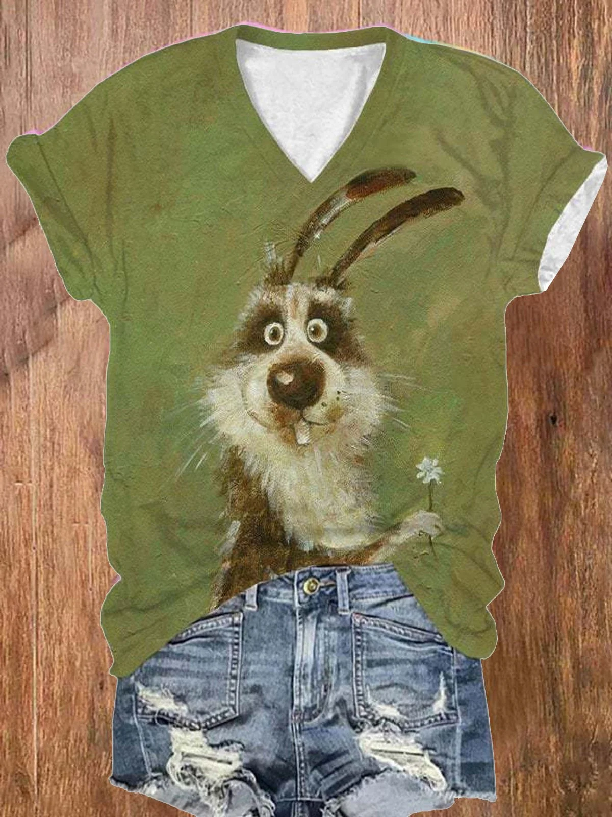 Women's Rabbit Short Sleeve Tee T-shirt V Neck Casual Summer Top