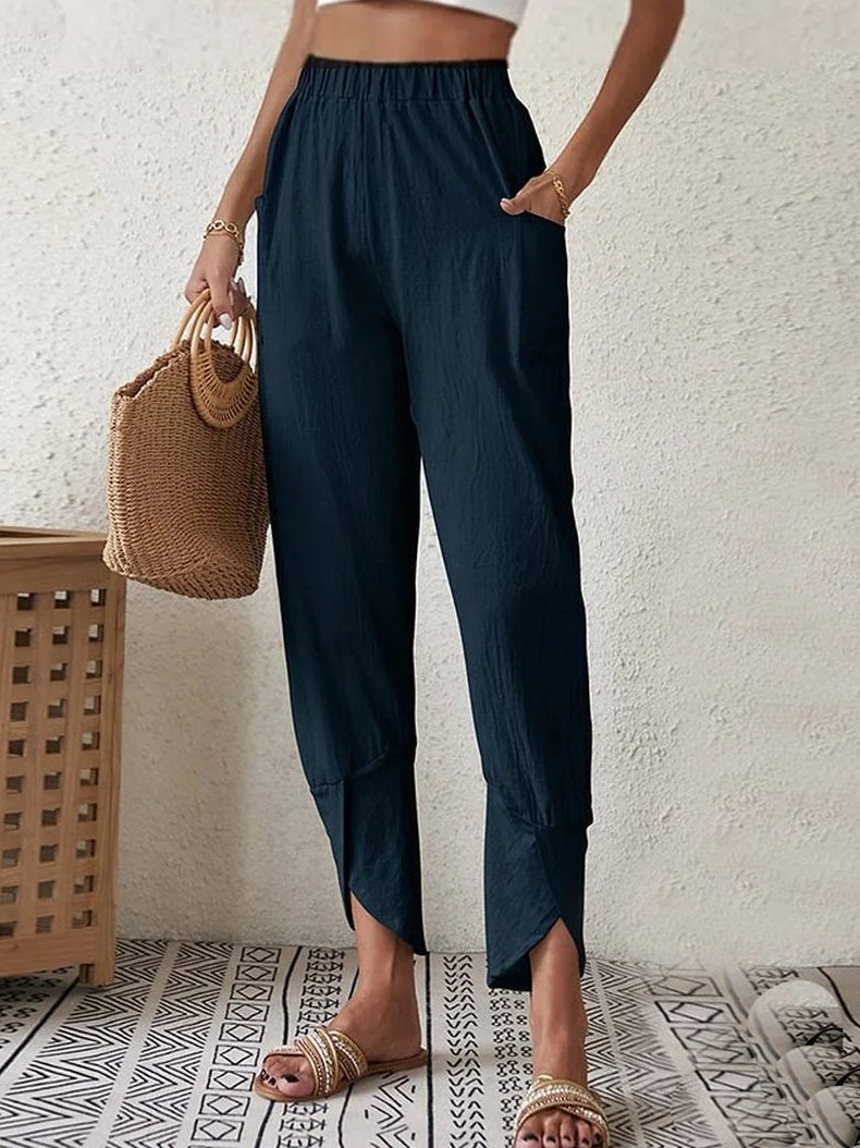 Women's Elastic Waist H-Line Straight Pants Daily Going Out Pants Casual Pocket Stitching Cotton Plain Spring/Fall Pants