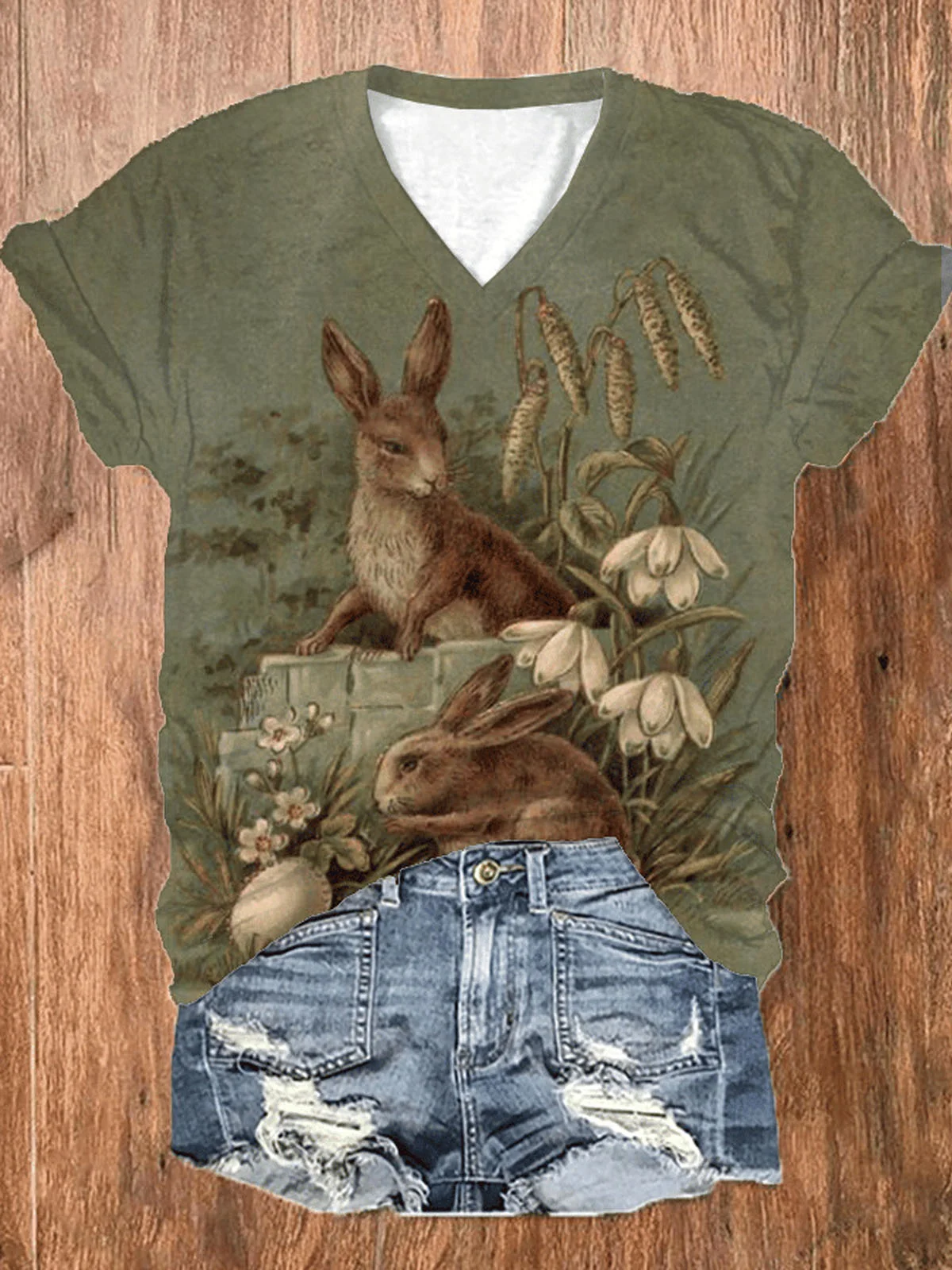 Women's Rabbit Short Sleeve Tee T-shirt V Neck Casual Summer Top