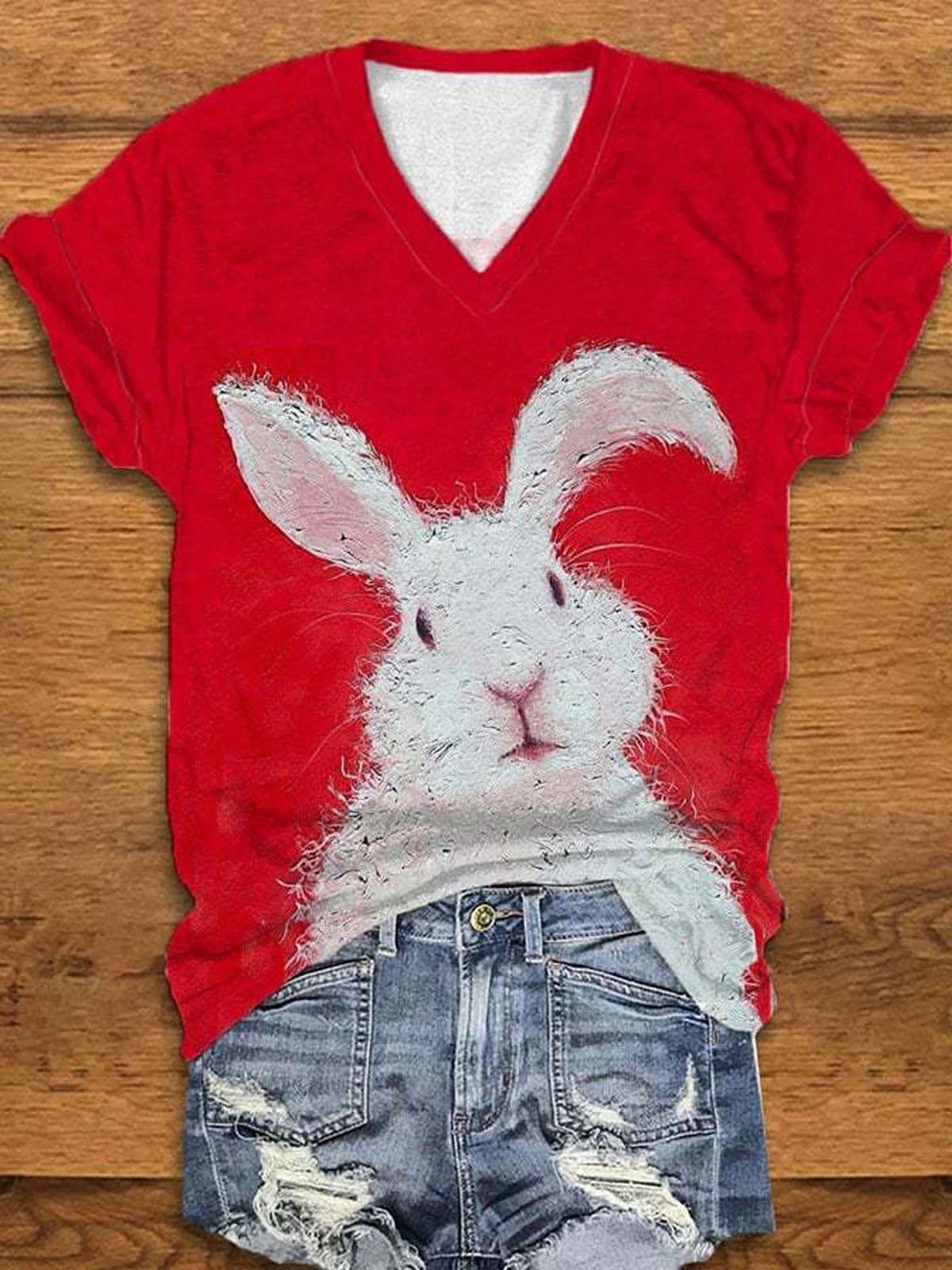 Women's Rabbit Short Sleeve Tee T-shirt V Neck Casual Summer Top