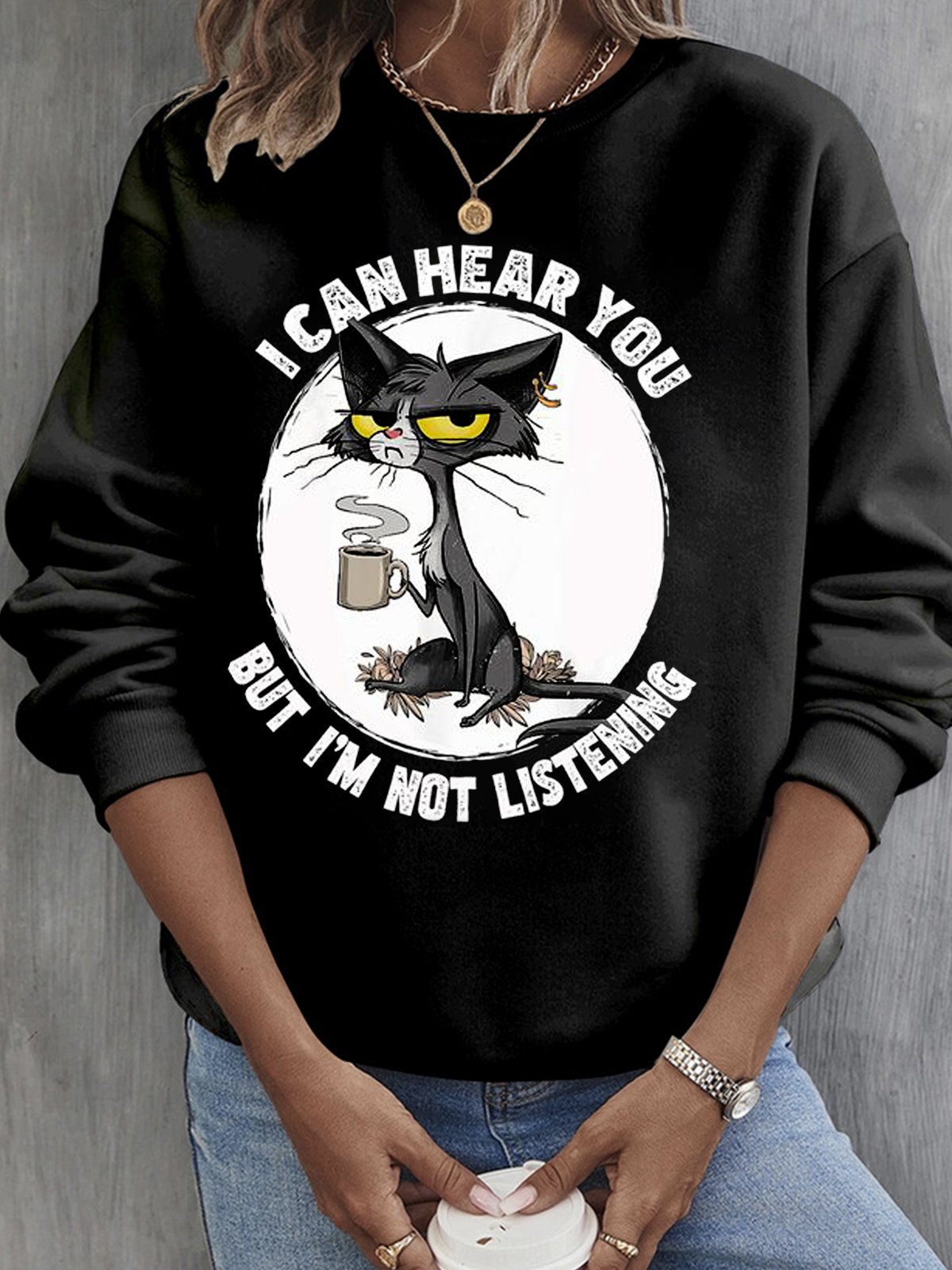 Women's Crew Neck Cat Casual Spring/Fall Cotton Long Sleeve Sweatshirt