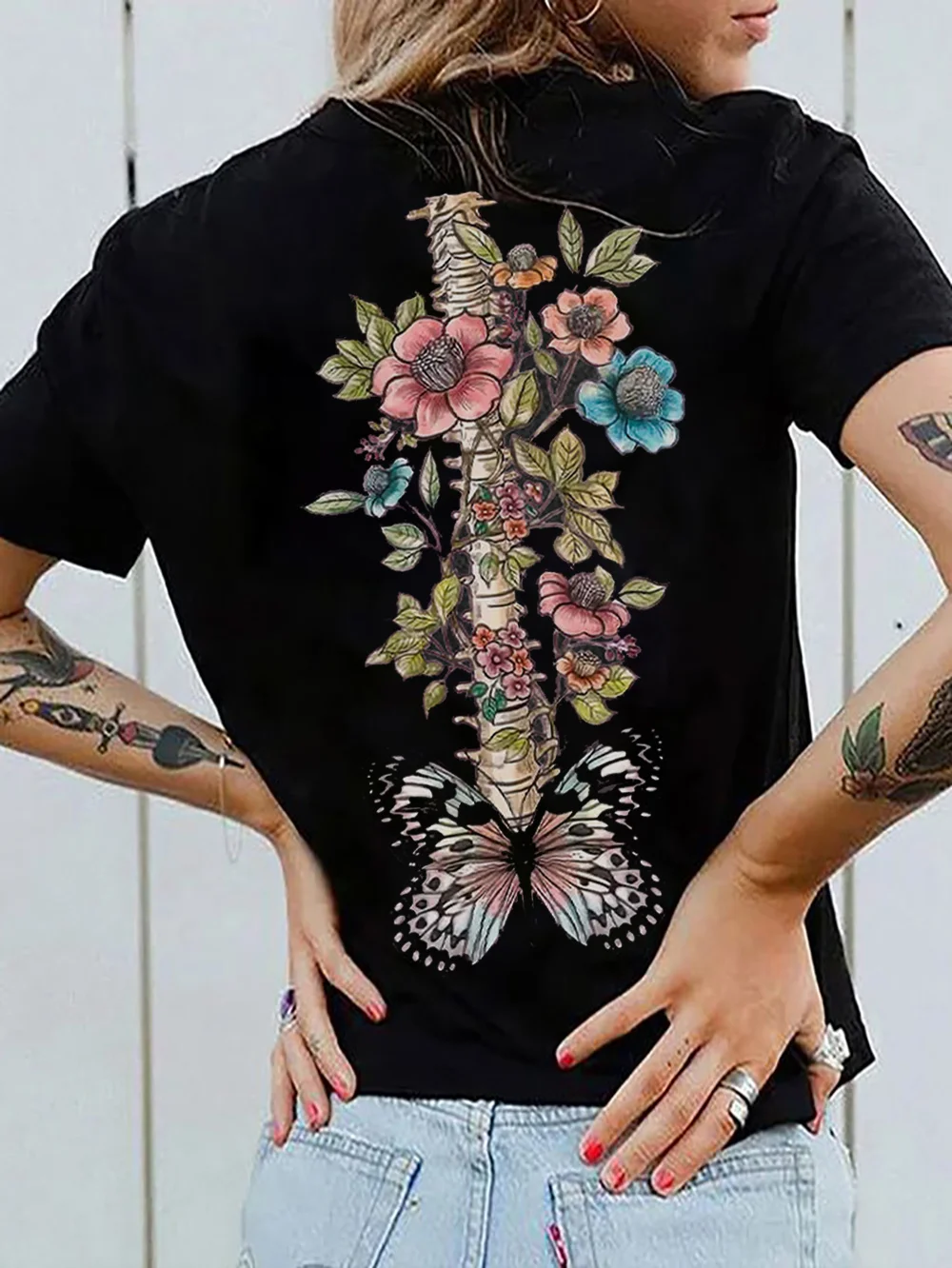 Women's Short Sleeve Tee T-shirt Summer Floral Printing Cotton Crew Neck Daily Going Out Casual Top Black