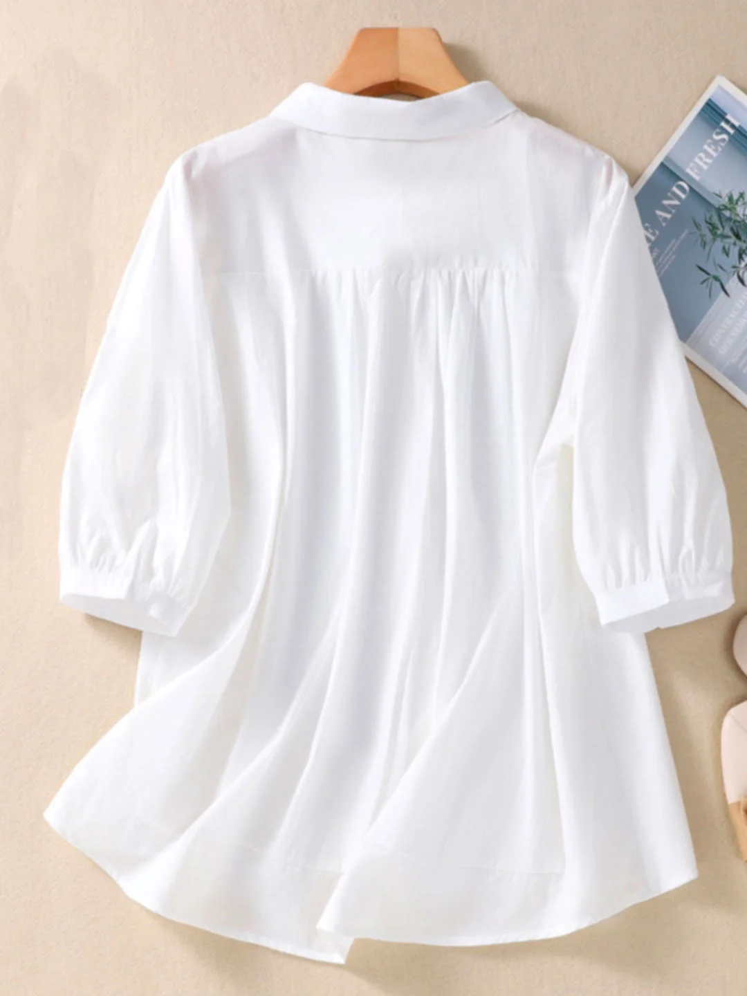 Women's Long Sleeve Blouse Spring/Fall Plain Cotton And Linen Shirt Collar Daily Going Out Casual Top White