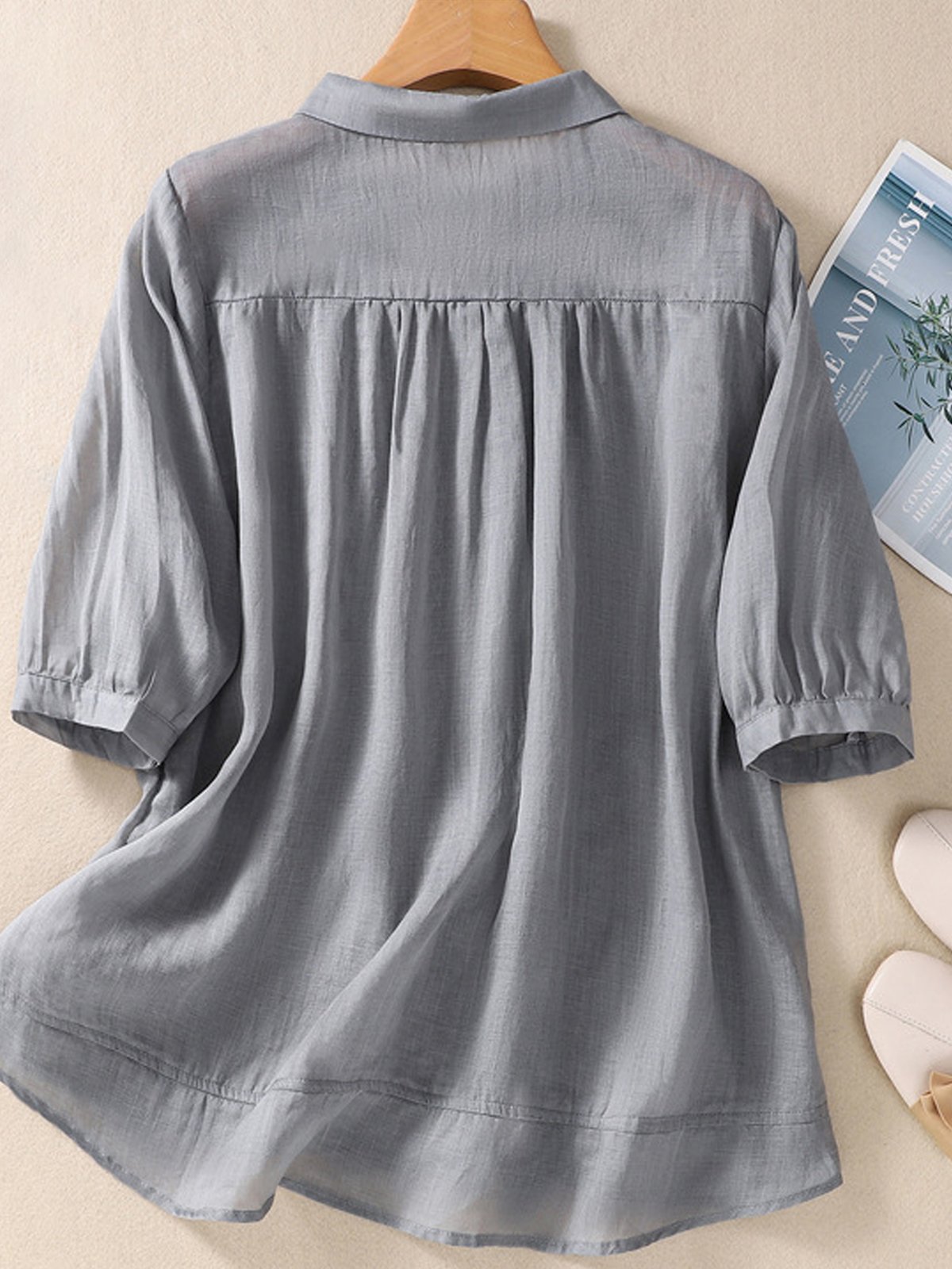 Women's Long Sleeve Blouse Spring/Fall Plain Cotton And Linen Shirt Collar Daily Going Out Casual Top White