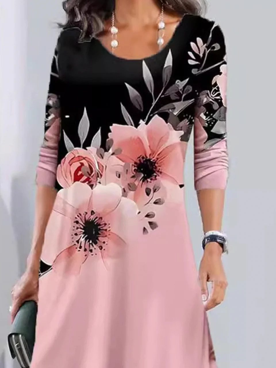 Women's Long Sleeve Spring/Fall Floral Dress Crew Neck Daily Going Out Casual Midi A-Line Mock Two-Piece