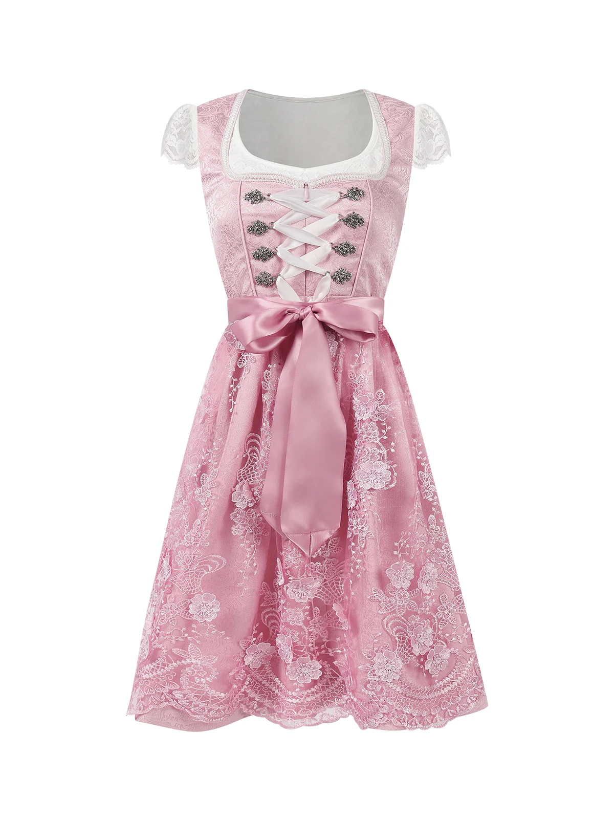 Dirndl Oktoberfest Pink Sweetheart Vintage Cotton-Blend Paneled Weaving Dress