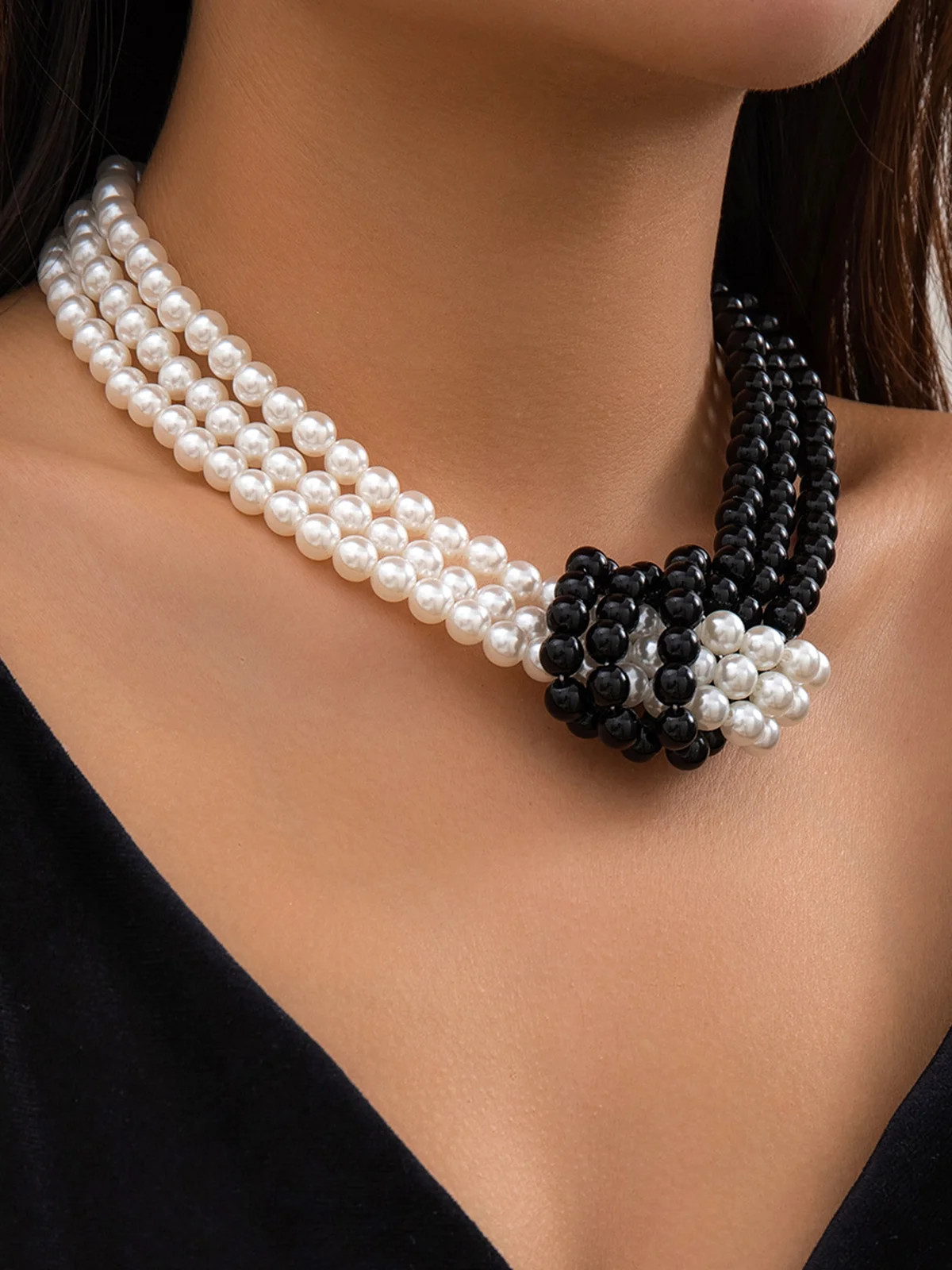 Elegant Color-block Faux Pearl Bead Multi-layer Necklace