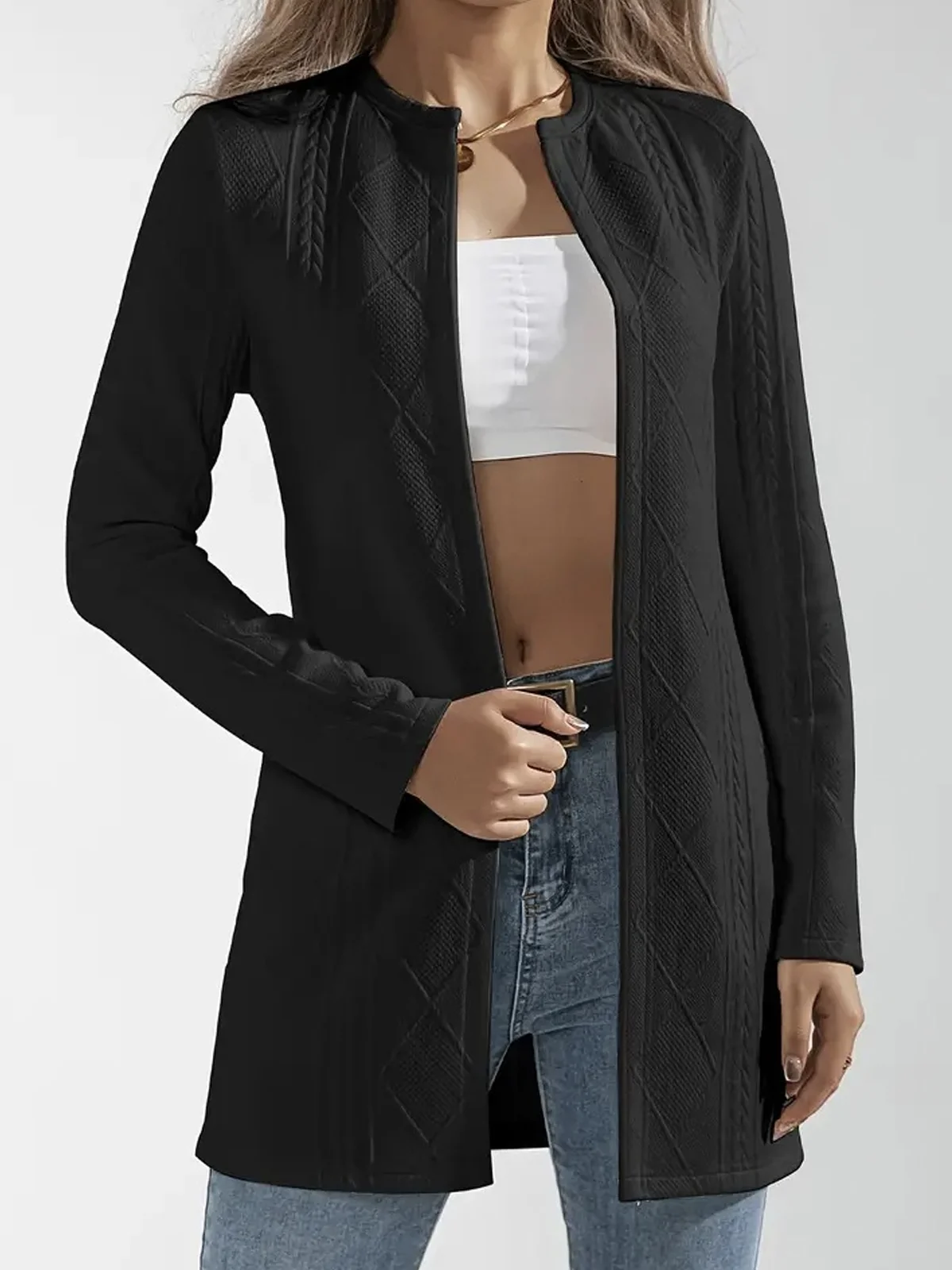 Women's Spring/Fall Outerwear Casual Jacquard Plain Long Sleeve Jacket