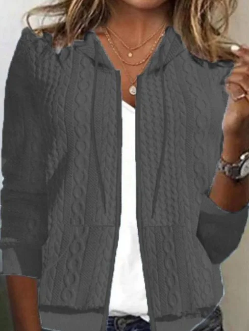 Women's Spring/Fall Outerwear Casual Jacquard Pocket Stitching Plain Long Sleeve Hoodie Jacket