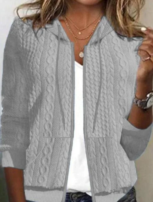 Women's Spring/Fall Outerwear Casual Jacquard Pocket Stitching Plain Long Sleeve Hoodie Jacket