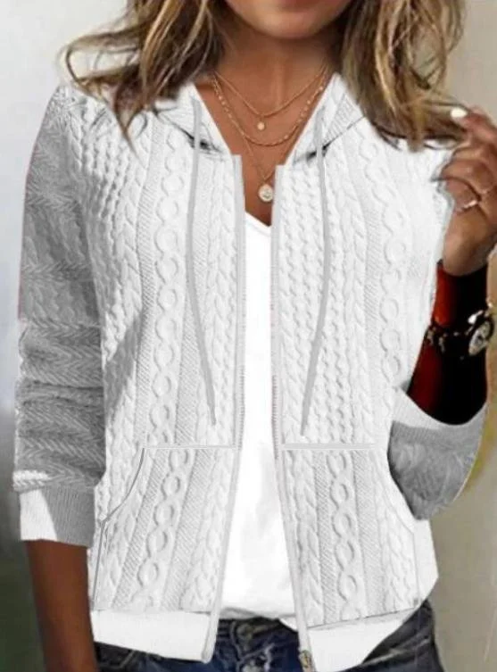 Women's Spring/Fall Outerwear Casual Jacquard Pocket Stitching Plain Long Sleeve Hoodie Jacket