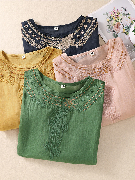 Women's Short Sleeve Blouse Summer Plain Embroidery Cotton And Linen Shirt Collar Daily Going Out Casual Top