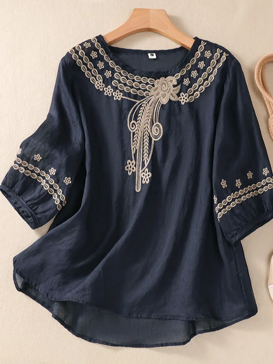 Women's Short Sleeve Blouse Summer Plain Embroidery Cotton And Linen Shirt Collar Daily Going Out Casual Top