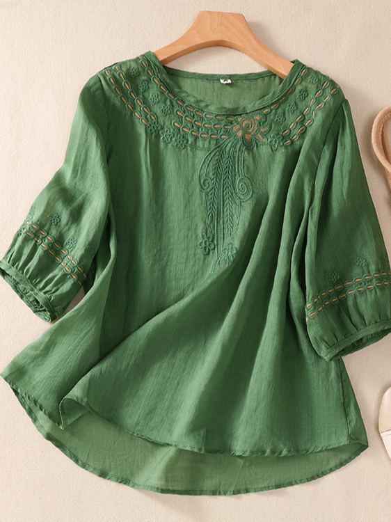 Women's Short Sleeve Blouse Summer Plain Embroidery Cotton And Linen Shirt Collar Daily Going Out Casual Top