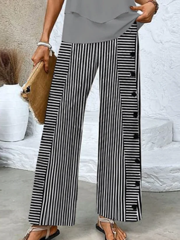 Women's Buckle Striped Daily Going Out Two Piece Set Sleeveless Casual Summer Top With Pants Matching Set Black