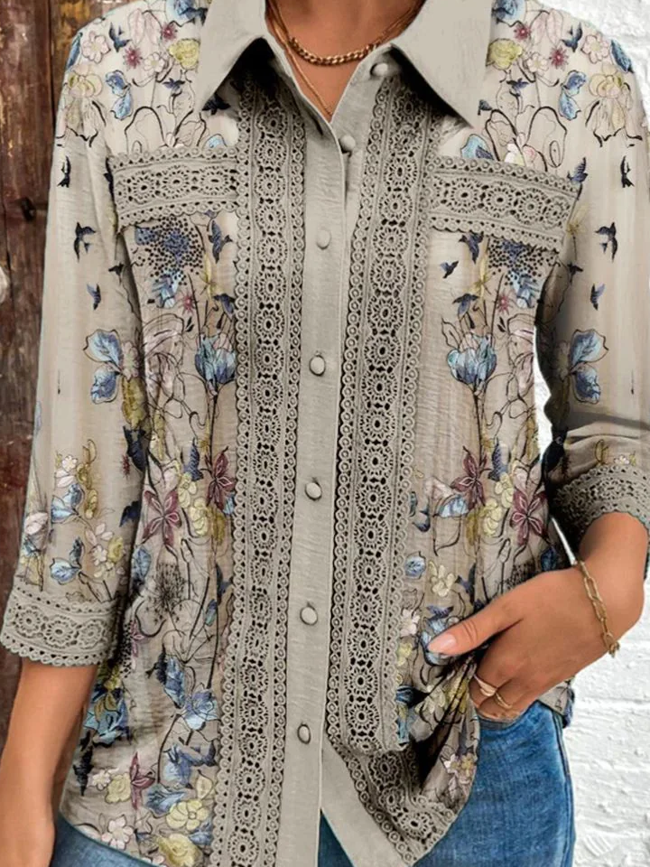 Women's Three Quarter Sleeve Shirt Spring/Fall Floral Shirt Collar Daily Going Out Casual Top Khaki