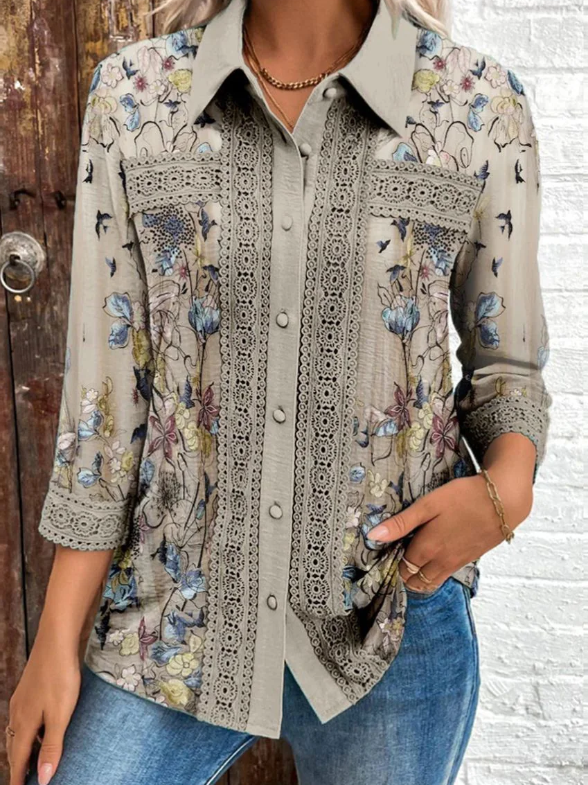 Women's Three Quarter Sleeve Shirt Spring/Fall Floral Shirt Collar Daily Going Out Casual Top Khaki