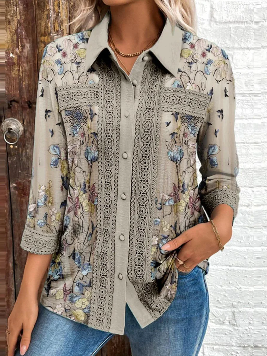 Women's Three Quarter Sleeve Shirt Spring/Fall Floral Shirt Collar Daily Going Out Casual Top Khaki