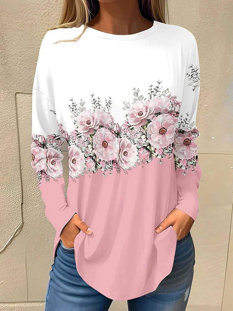 Women's Long Sleeve Tee T-shirt Spring/Fall Floral Lace Crew Neck Daily Going Out Casual Top