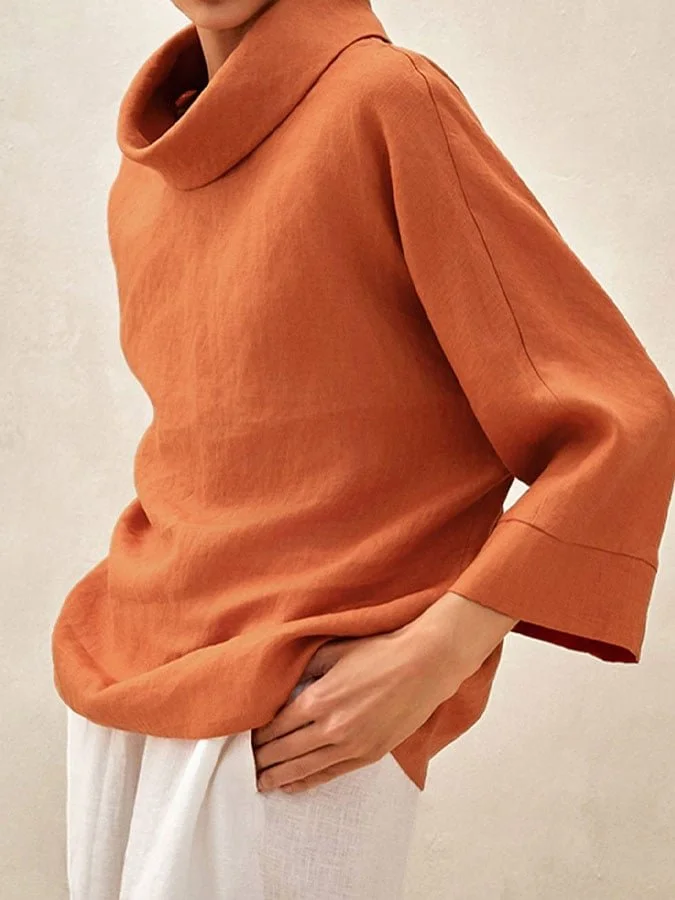 Women's Long Sleeve Blouse Spring/Fall Plain Cotton And Linen Mock Neck Daily Going Out Casual Top Orange