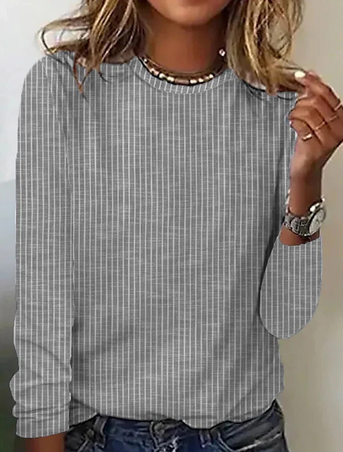 Women's Long Sleeve Tee T-shirt Spring/Fall Striped Lace Crew Neck Daily Going Out Casual Top