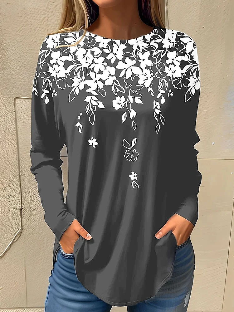 Women's Long Sleeve Tee T-shirt Spring/Fall Floral Lace Crew Neck Daily Going Out Casual Top