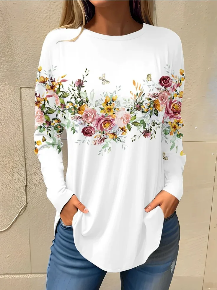 Women's Long Sleeve Tee T-shirt Spring/Fall Floral Lace Crew Neck Daily Going Out Casual Top