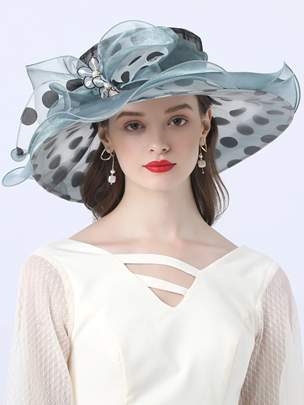 Elegant Imitation Pearl Organza Wide Brim Hats Applique Wedding Party Hat