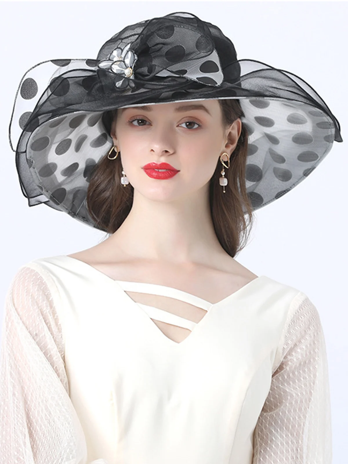 Elegant Imitation Pearl Organza Wide Brim Hats Applique Wedding Party Hat