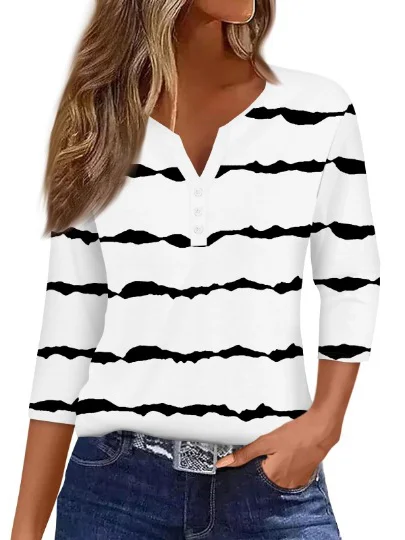 Women's Three Quarter Sleeve Tee T-shirt Spring/Fall Abstract Stripes Jersey Notched Daily Going Out Casual Top Green