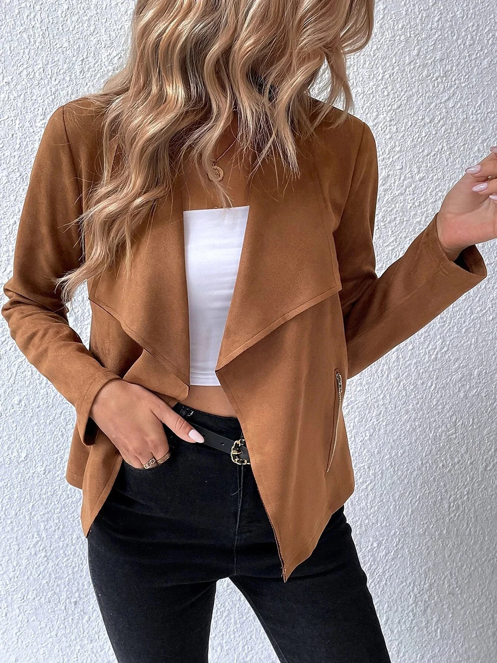 Women's Spring/Fall Outerwear Casual Suede Zipper Plain Long Sleeve Jacket