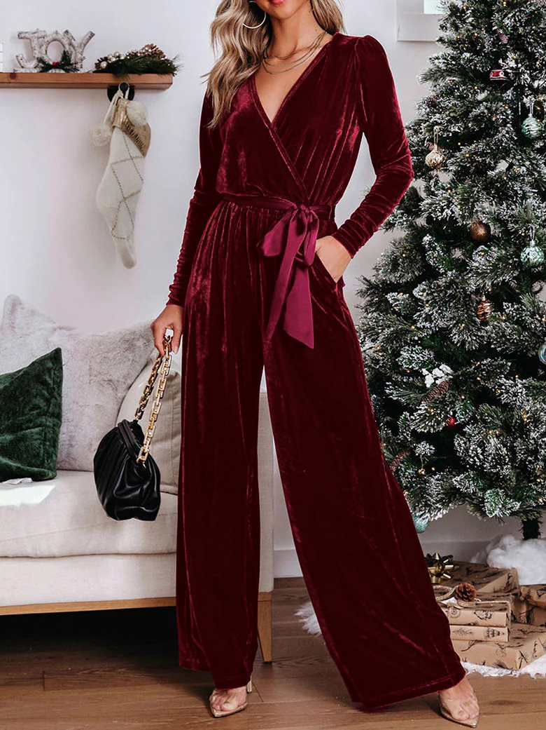 Women's Plain V Neck Long Sleeve Casual Spring/Fall Velvet Jumpsuit