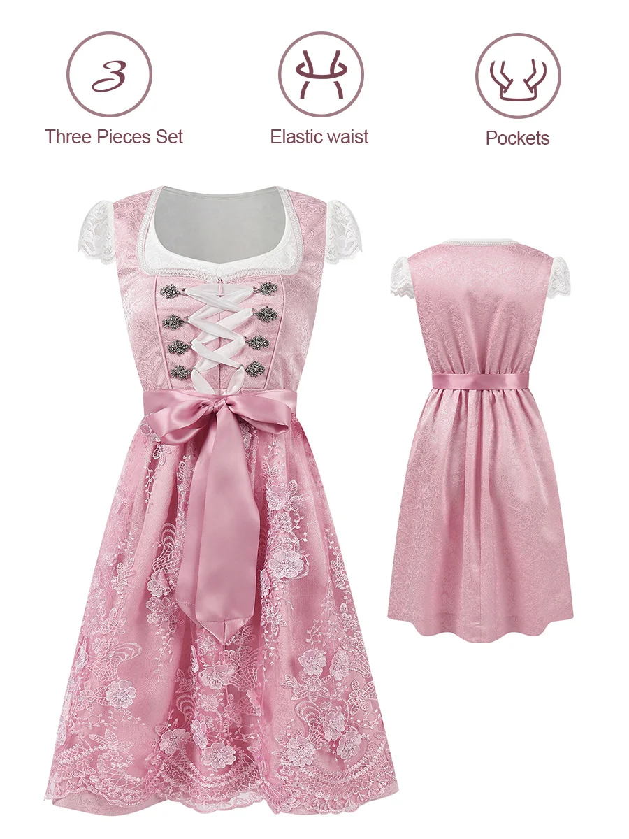 Dirndl Oktoberfest Pink Sweetheart Vintage Cotton-Blend Paneled Weaving Dress