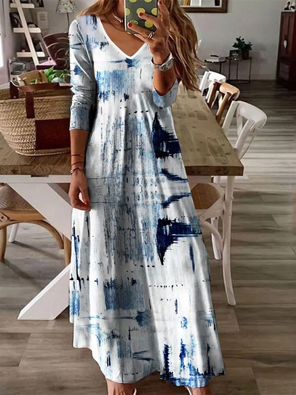 Women's Long Sleeve Spring/Fall Abstract Buckle Dress V Neck Daily Going Out Casual Maxi X-Line