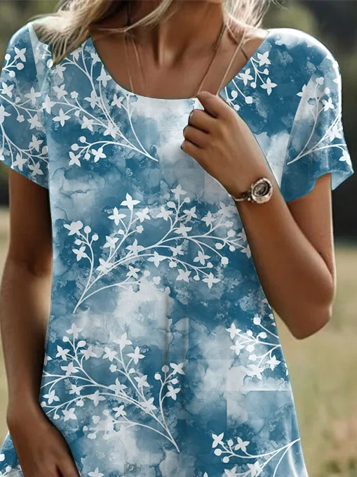 Women's Short Sleeve Summer Floral Dress Crew Neck Daily Going Out Casual Midi H-Line T-Shirt Dress Blue