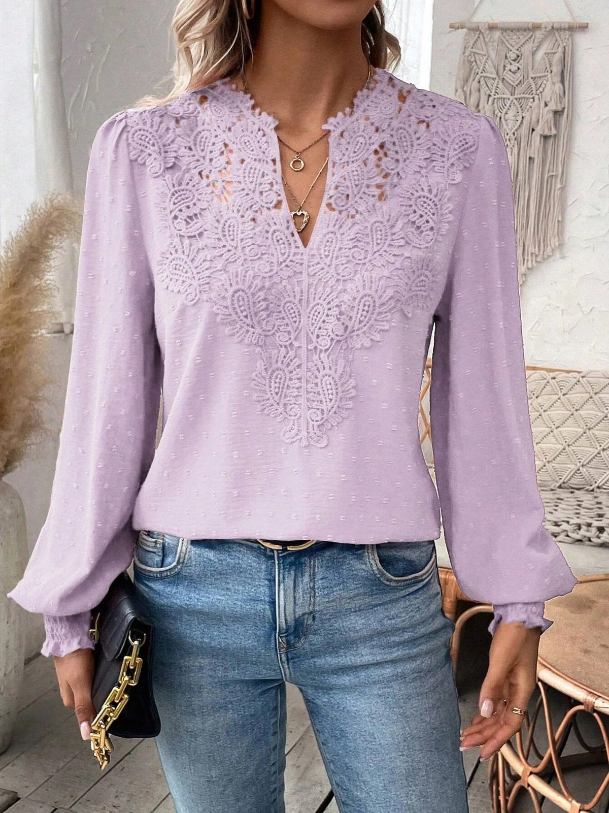 Women's Long Sleeve Blouse Spring/Fall Plain Lace V Neck Daily Going Out Casual Top