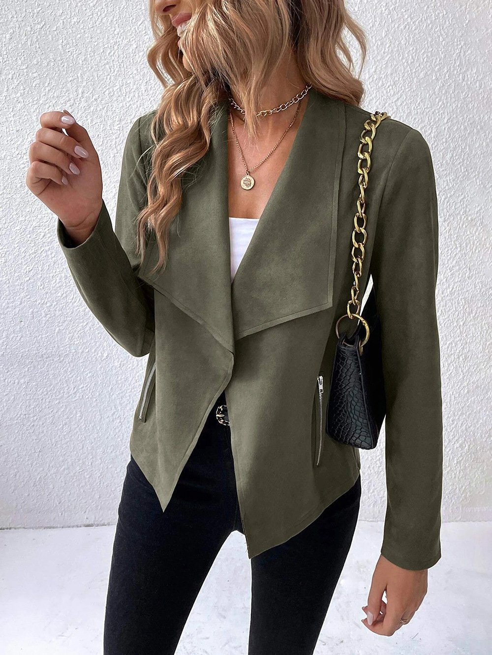 Women's Spring/Fall Outerwear Casual Suede Zipper Plain Long Sleeve Jacket