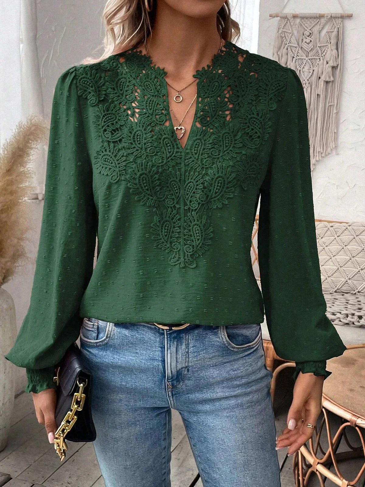 Women's Long Sleeve Blouse Spring/Fall Plain Lace V Neck Daily Going Out Casual Top