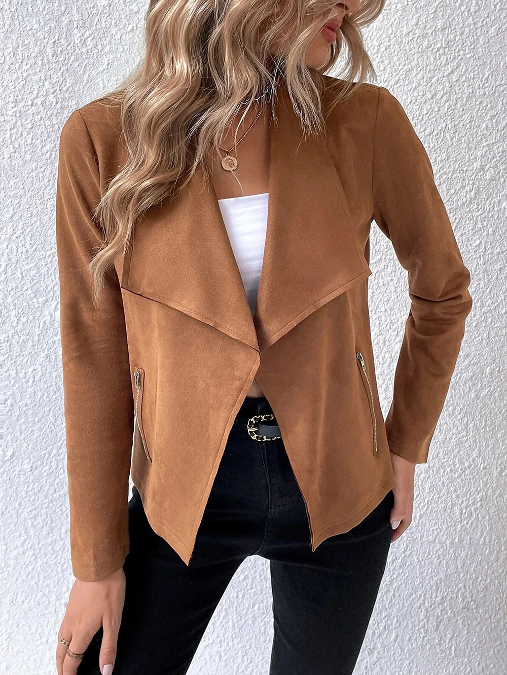 Women's Spring/Fall Outerwear Casual Suede Zipper Plain Long Sleeve Jacket